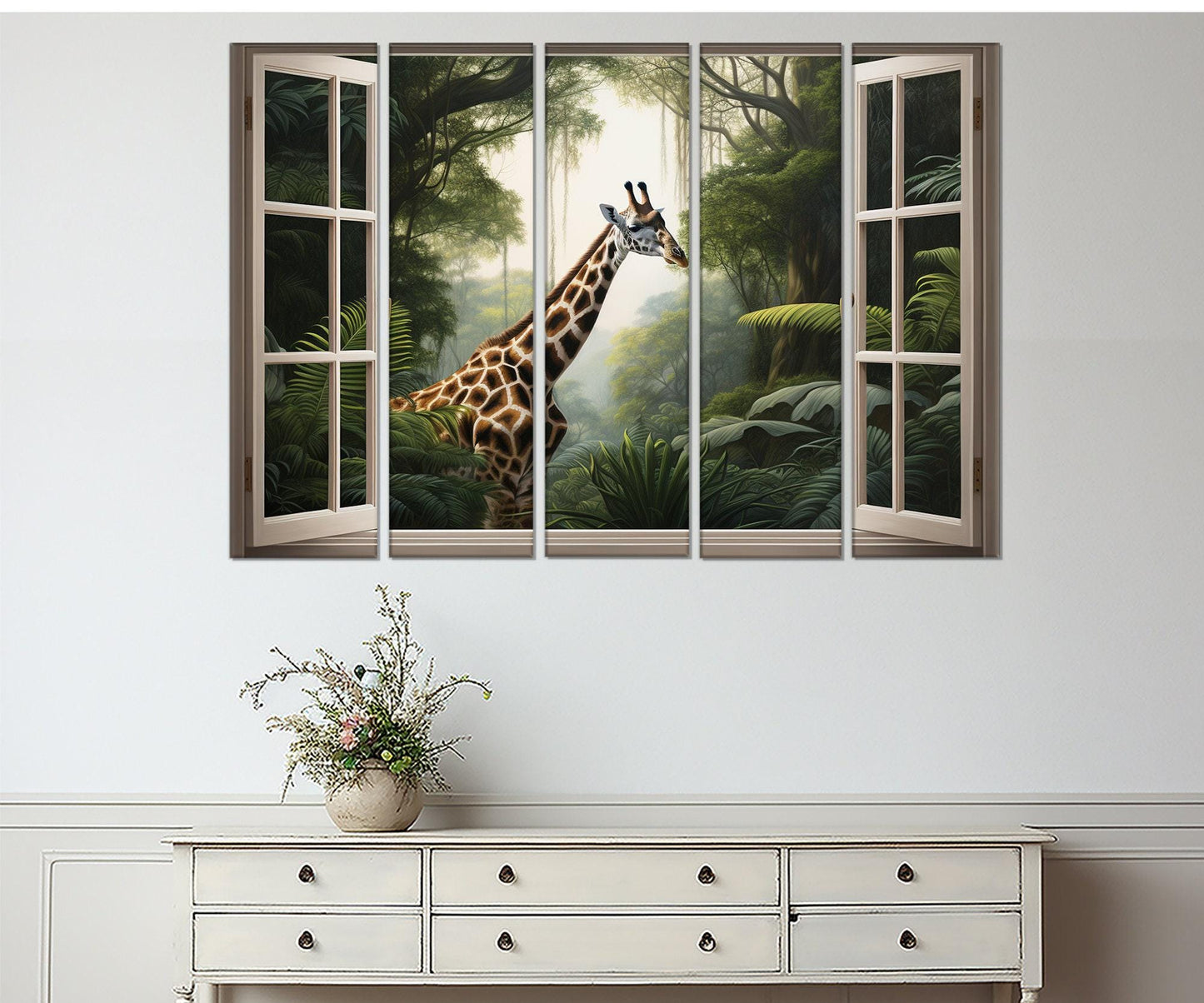 Jungle Window Canvas - African Wall Art Framed Canvas Print With Giraffe View