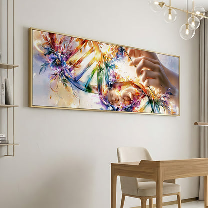 a large, colorful painting of a flower-like design hanging on a wall above a wooden desk and chair in a room.