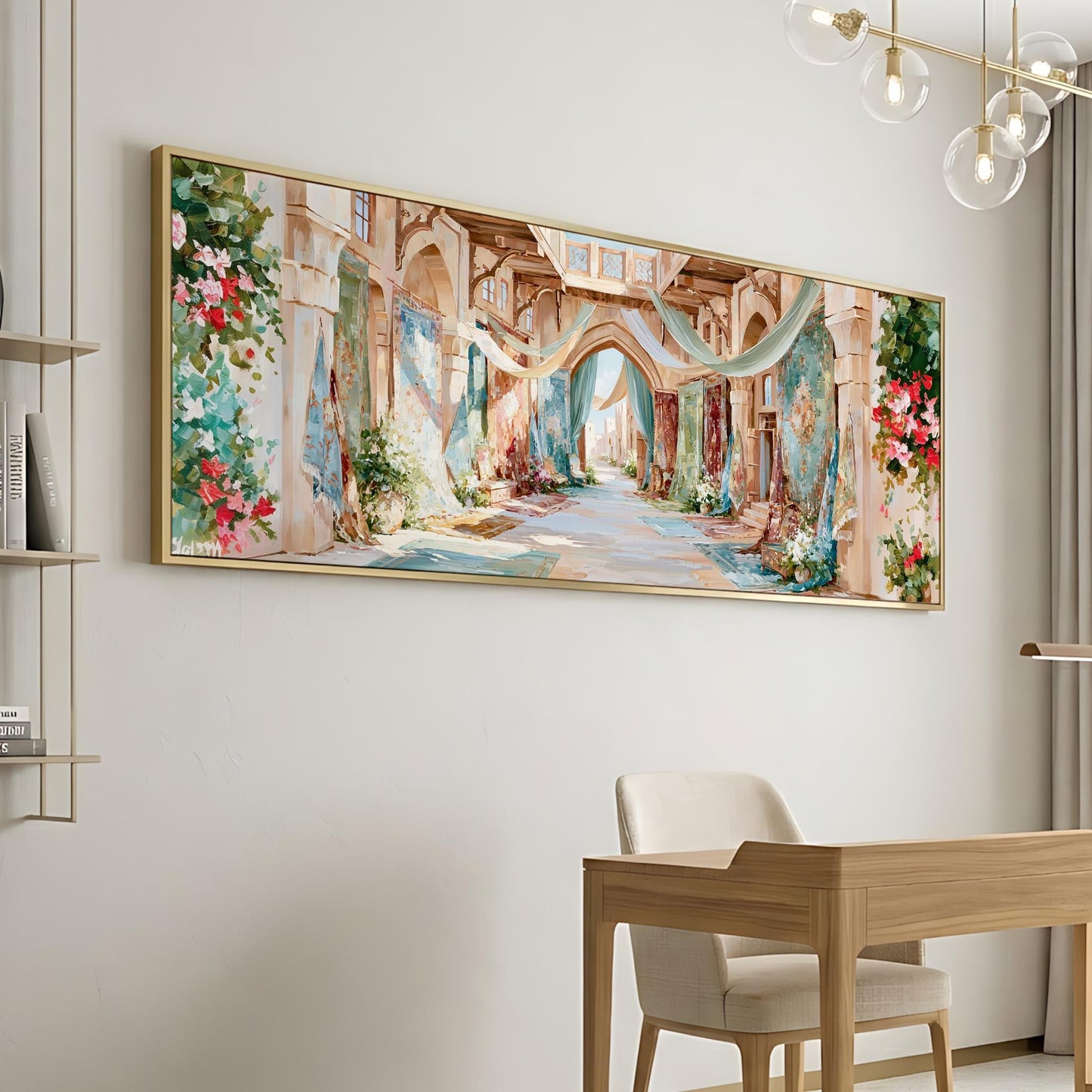 a large, colorful painting of a picturesque alleyway with arches, flowers, and greenery hanging on a wall. In the foreground, there is a wooden desk and chair, suggesting a workspace or study area.