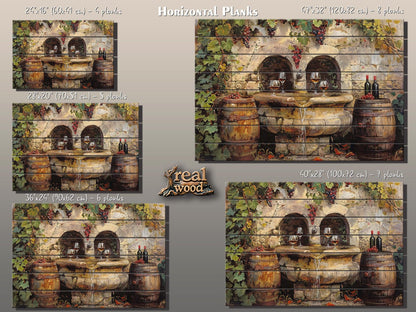 Rustic Wine Wall Art - Vintage Wine Barrels & Fountain Painting on Natural Wood