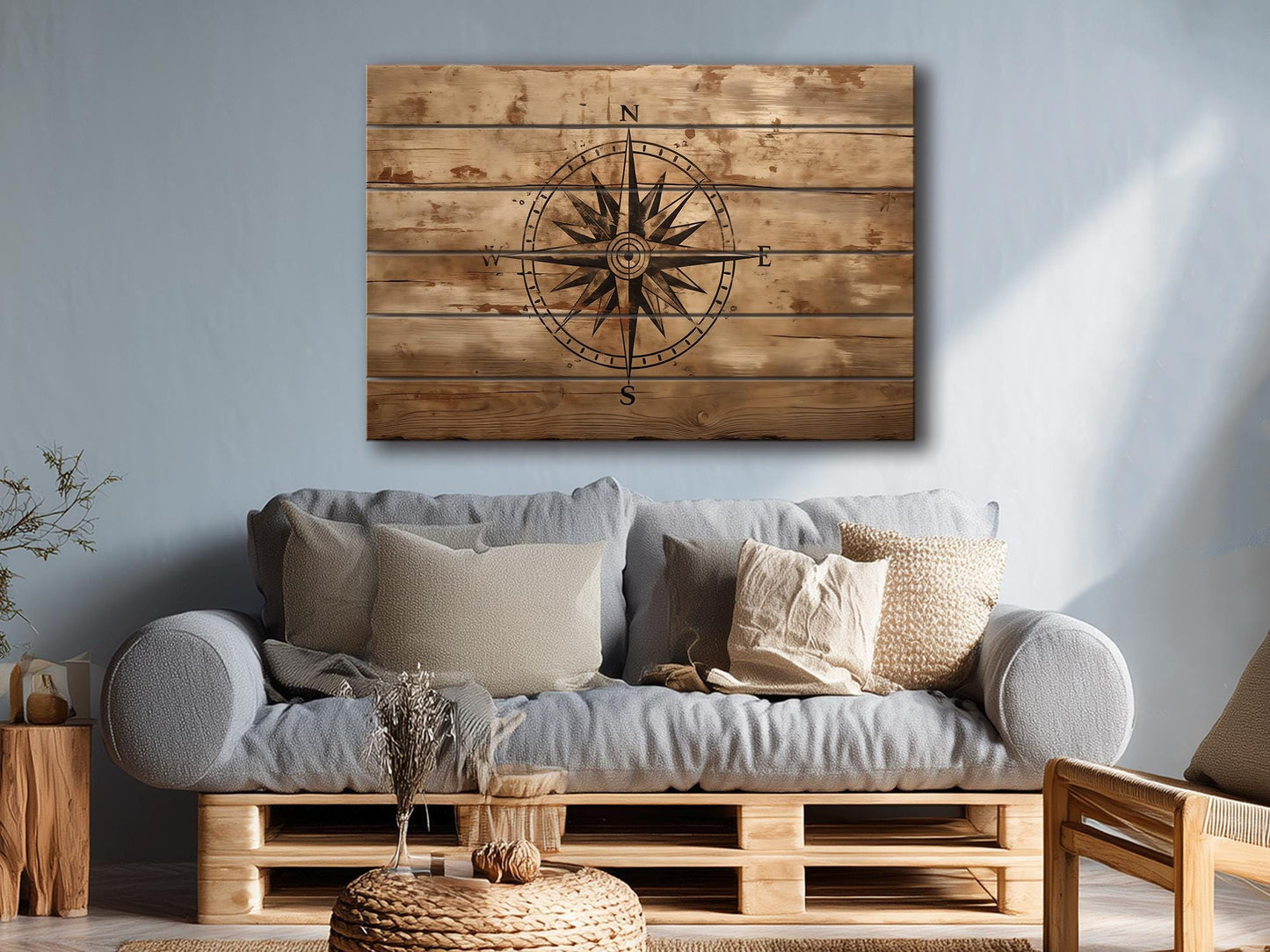Rustic Compass Print – Nautical Wall Art on Natural Wood | UV Printed Wood Art