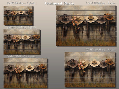 Rustic Fence Wall Art – Wooden Wall Decor with Hanging Hats Print on Natural Wood