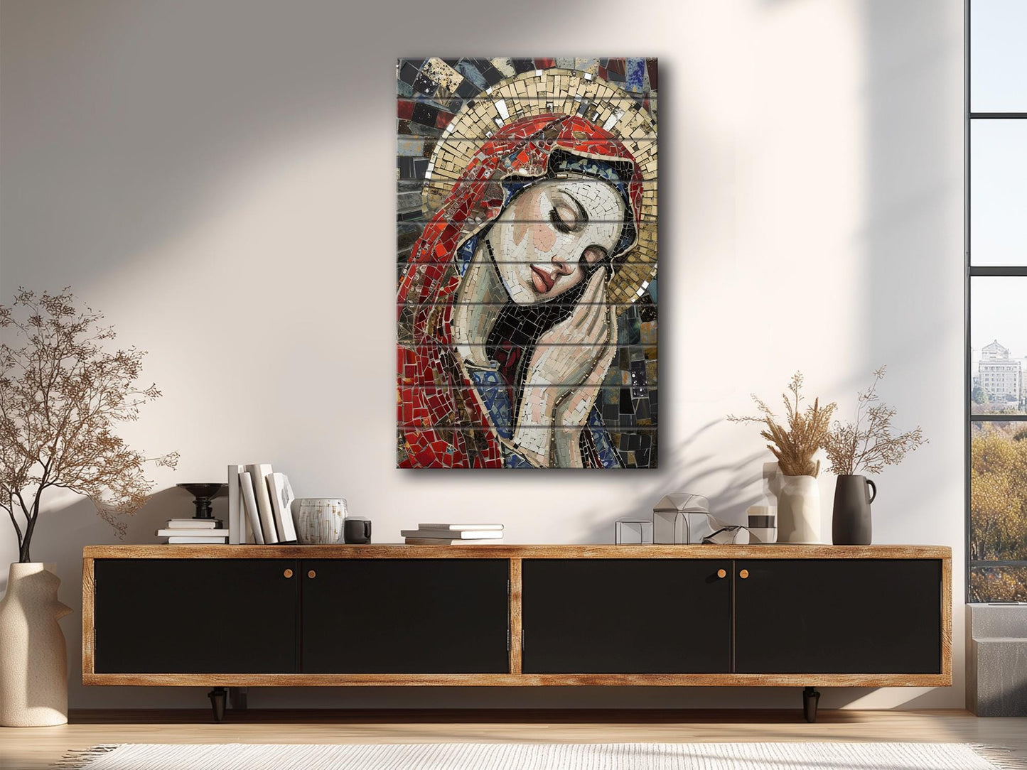 Saint Maria Wood Art – Mosaic Religious Wall Decor on Natural Wood Planks