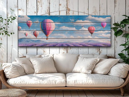 Romantic Hot Air Balloons Over Lavender Fields Print on Natural Wood, Soft Tone Painting, Soft Tones Balloons Wall Art, Wood Wall Art