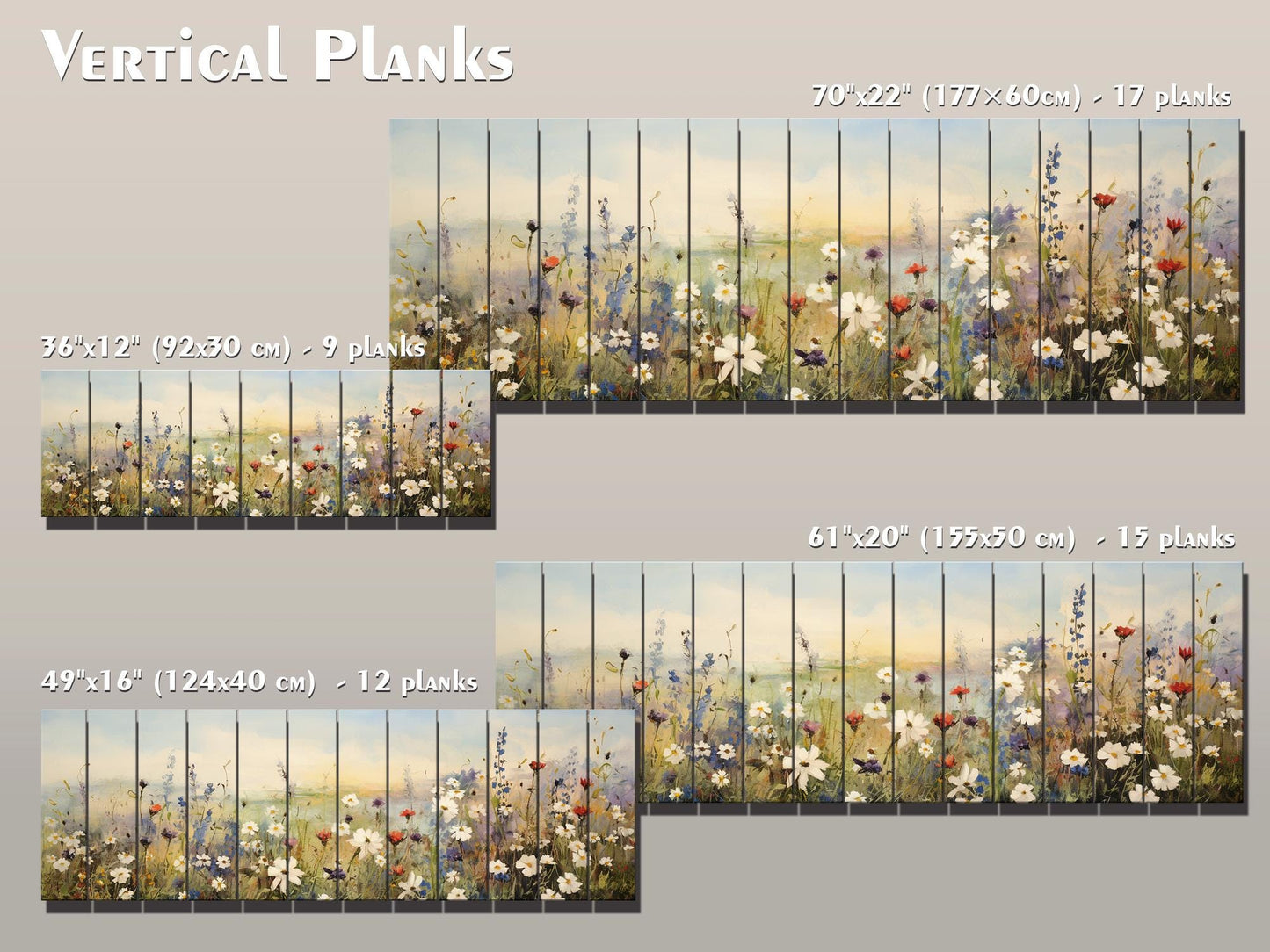 Whimsical Field of Wild Flowers Printed On Natural Wood - Rustic Wall Art