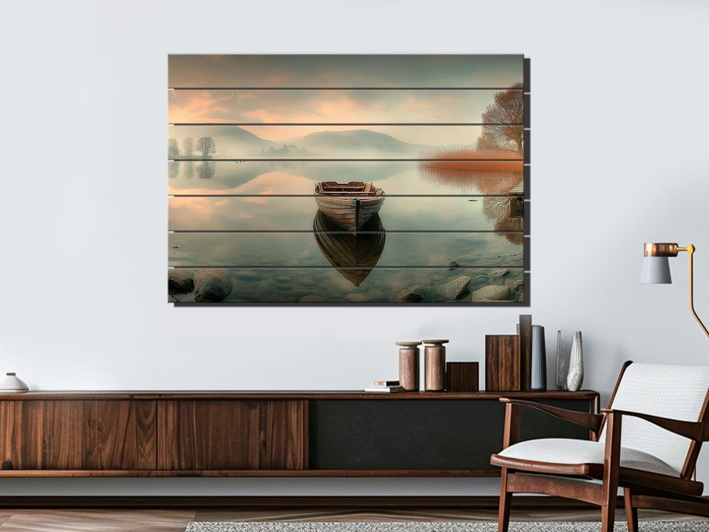 Boat on Misty Lake Print on Wood, Serene Nature Landscape, Rustic Mountain Wall Art