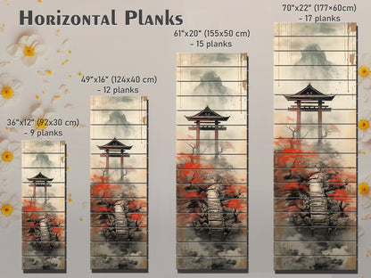 Japanese Torii Gate Wall Art – Misty Mountain Zen Landscape Decor on Wood Panel