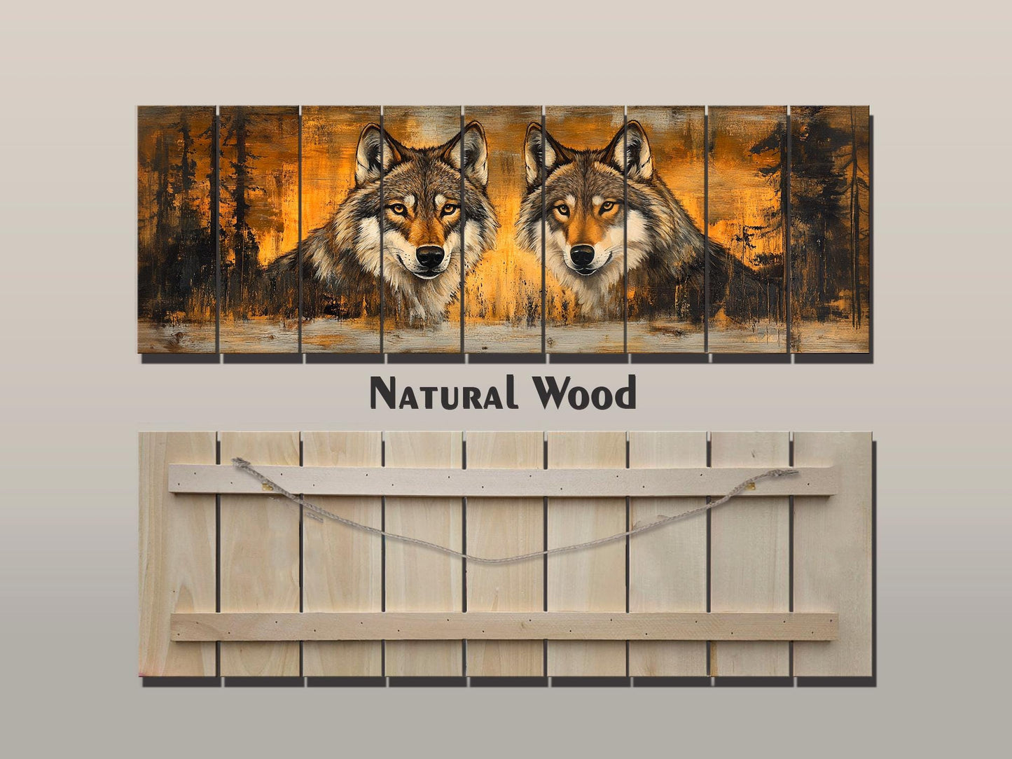 Rustic Wood Wall Art - Wolves Couple Art on Natural Wood Plank Painting