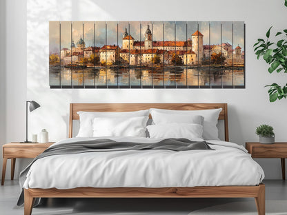 Krakow Skyline Wood Print – Rustic Wall Art With Castle River Painting On Distressed Wood