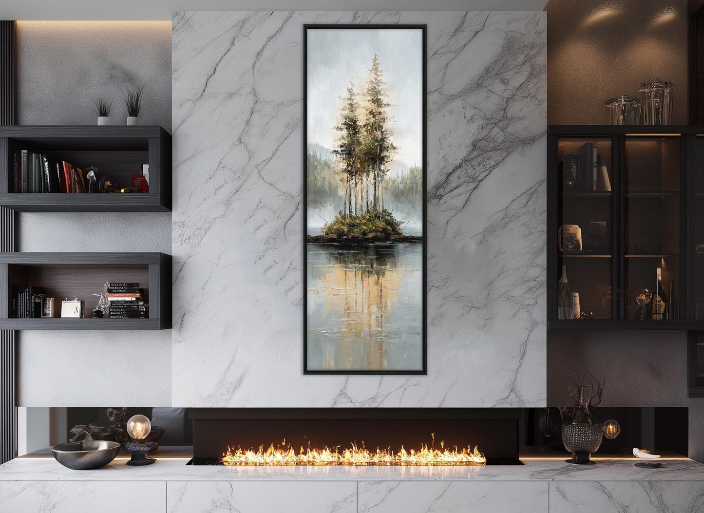 Rustic Island Canvas - Tonal Landscape Art With Misty Forest & Calm Water Reflections
