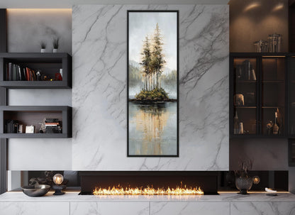 Rustic Island Canvas - Tonal Landscape Art With Misty Forest & Calm Water Reflections
