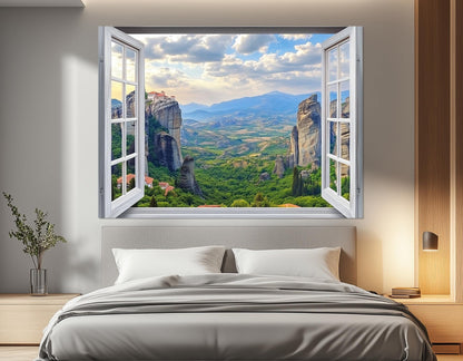 Greece Canvas Print – Open Window Wall Art of Meteora Monasteries | Ready to Hang Framed Canvas
