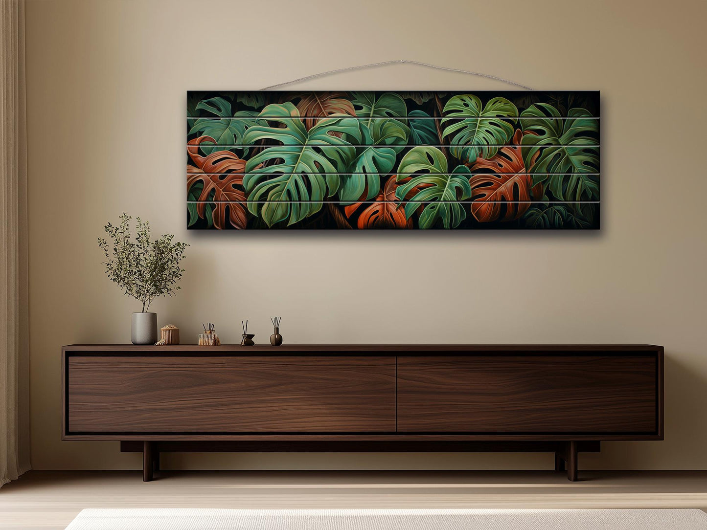 Wood Wall Art – Large Floral Wood Print with Philodendron Leaf Art | Rustic Farmhouse Decor