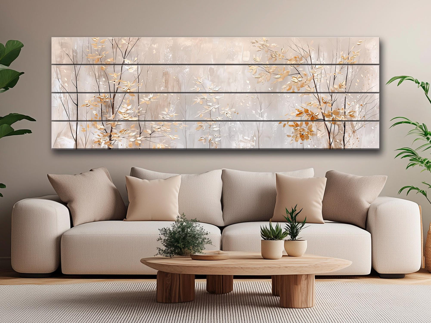 Wood Wall Art – Winter Forest Art with Golden Leaves Painting | Rustic Wood Panel Print