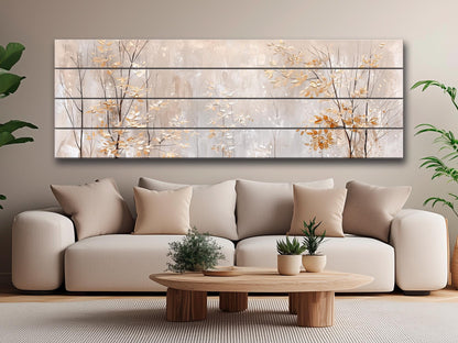 Wood Wall Art – Winter Forest Art with Golden Leaves Painting | Rustic Wood Panel Print