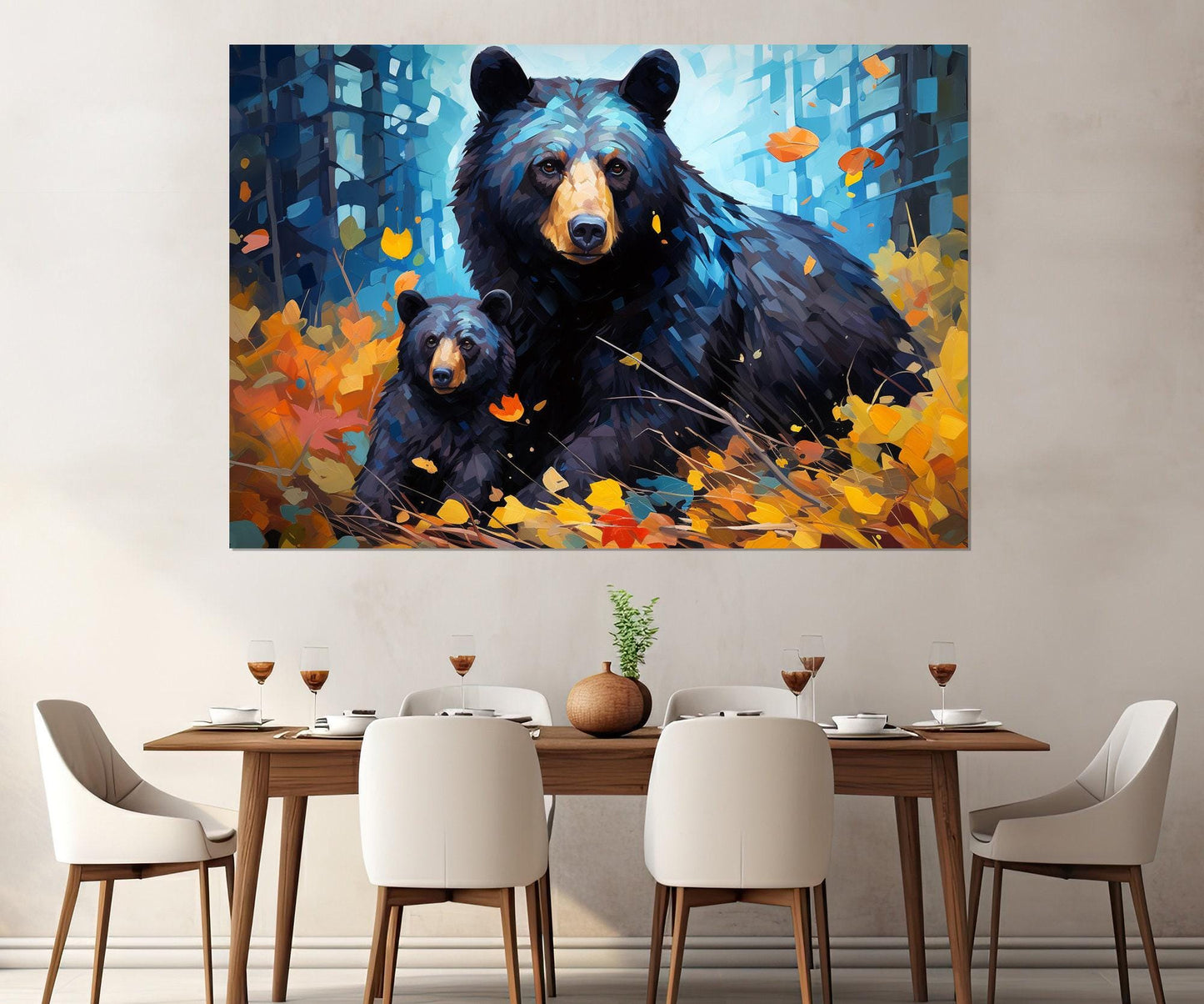 Black Bear Canvas - Kids Room Decor | Framed Wildlife Family Painting Ready to Hang