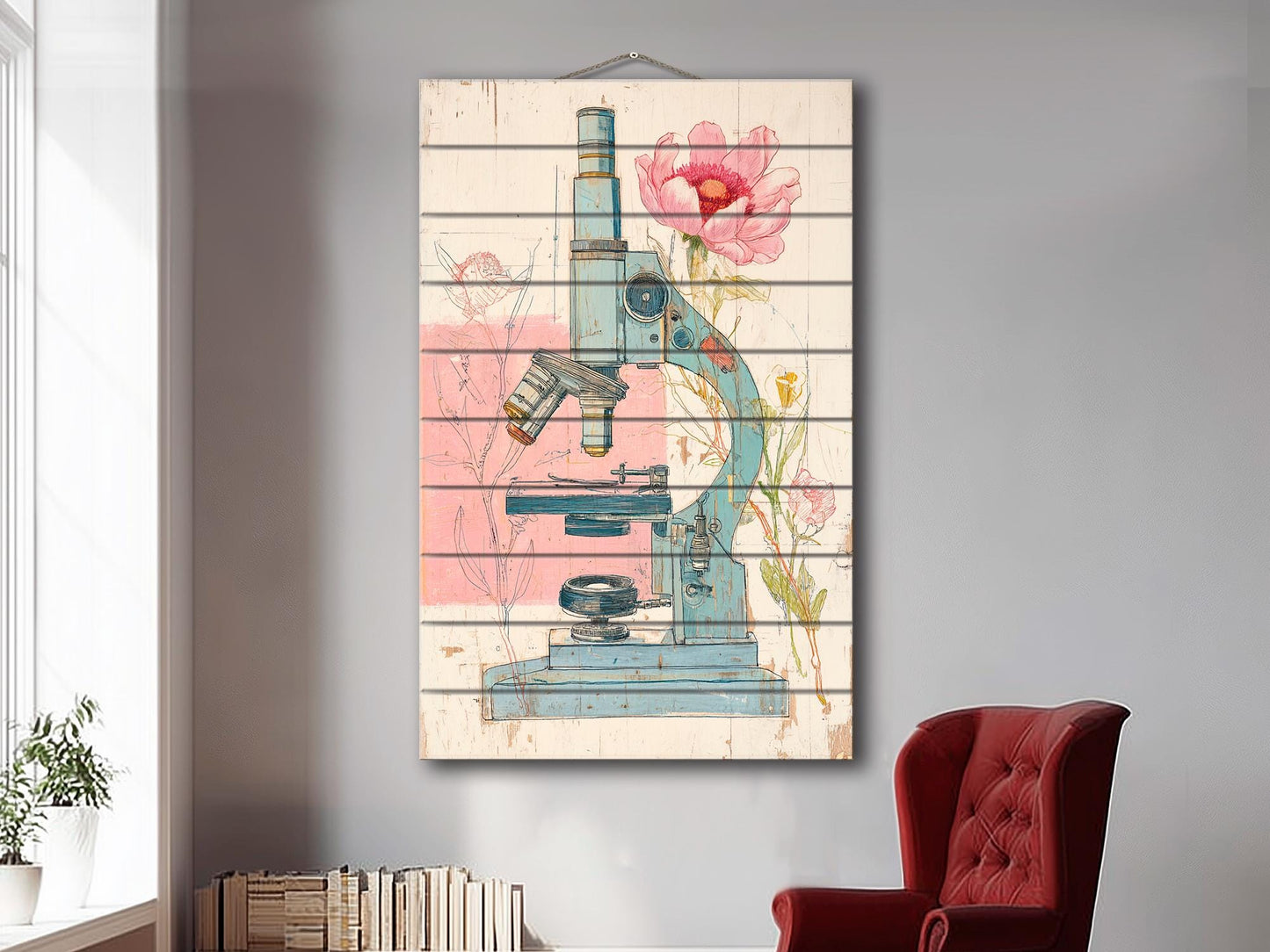 Rustic Wood Wall Art – Floral Microscope Print | Science Wall Decor On Wood Panel