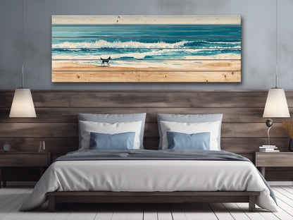 Coastal Beach Wall Art – Running Dog Print on Rustic Wood for Beach House Decor