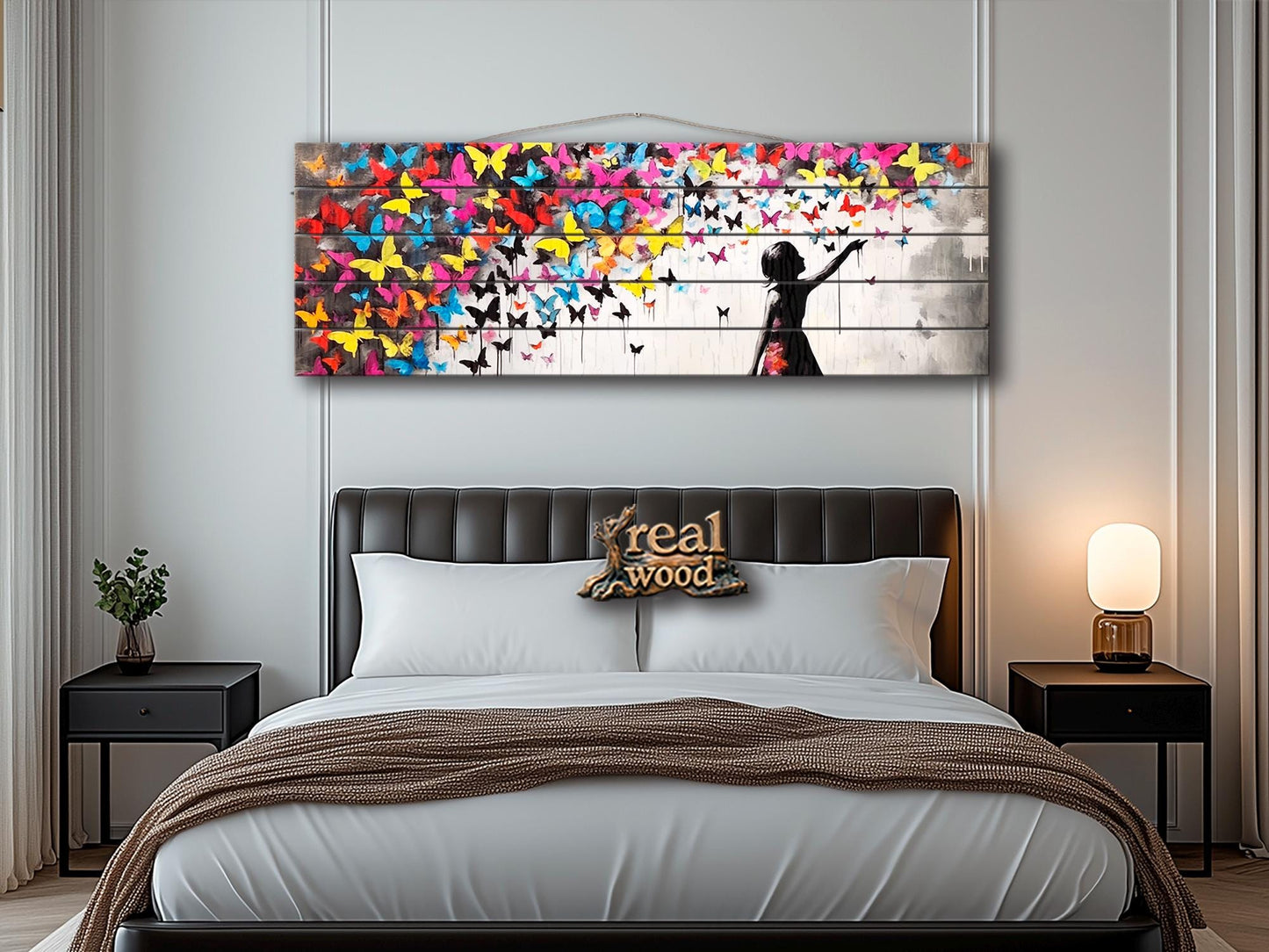 Wood Wall Art | Urban Street Art Print on Natural Wood Plank with Butterflies