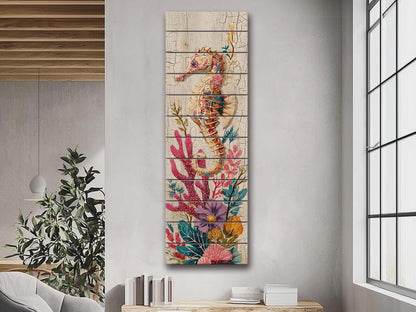Rustic Nautical Wall Art – Seahorse Wood Print on Natural Wood Plank – Coastal Decor