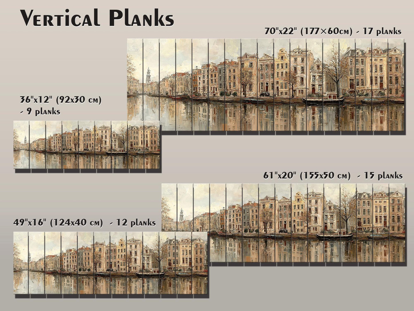 Amsterdam Canal Houses Print – Rustic Wood Wall Art | Beige Panoramic Decor