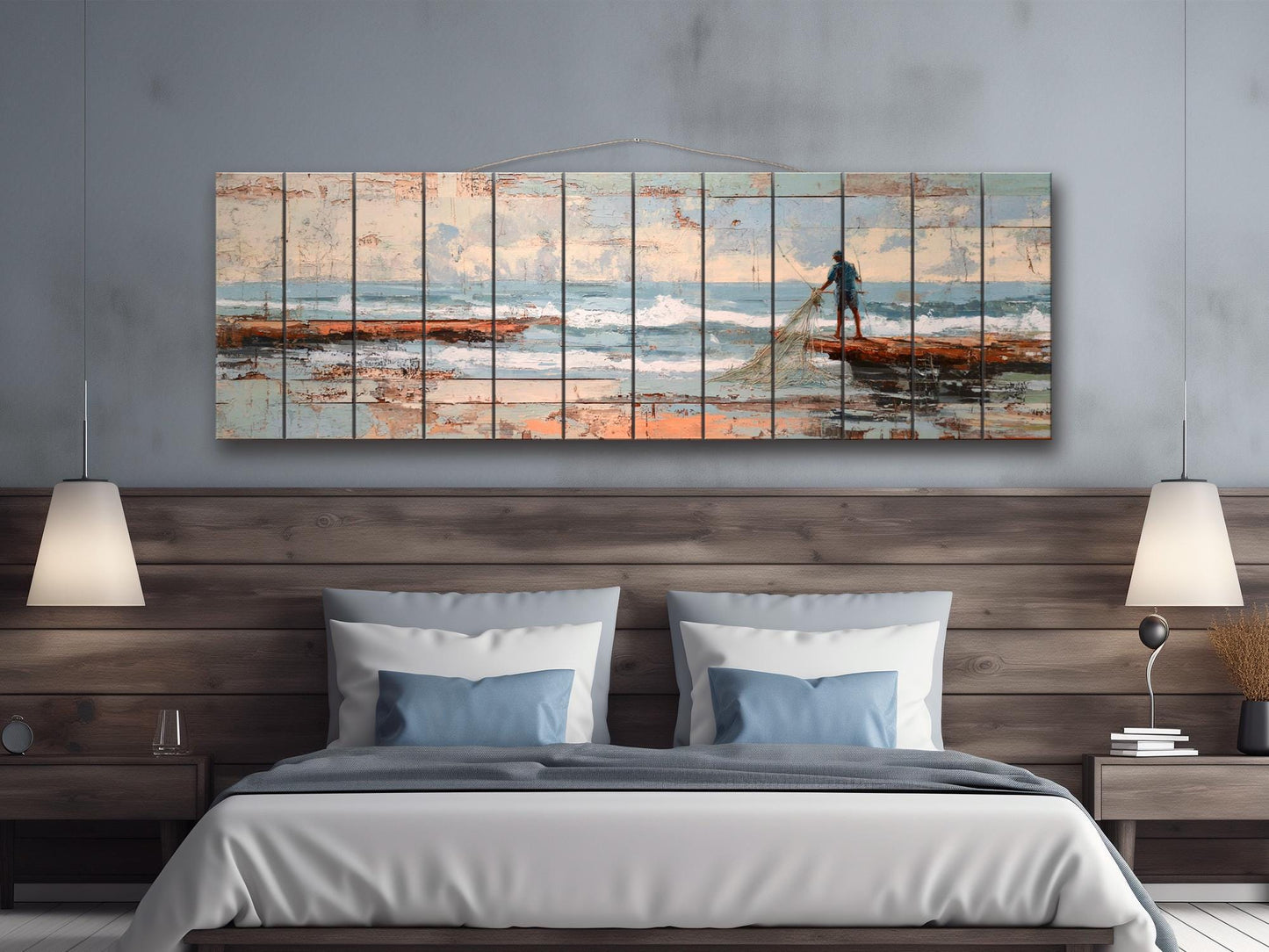 Fisherman Print Wood - Rustic Coastal Wall Art With Sea Nets & Calm Sky Painting