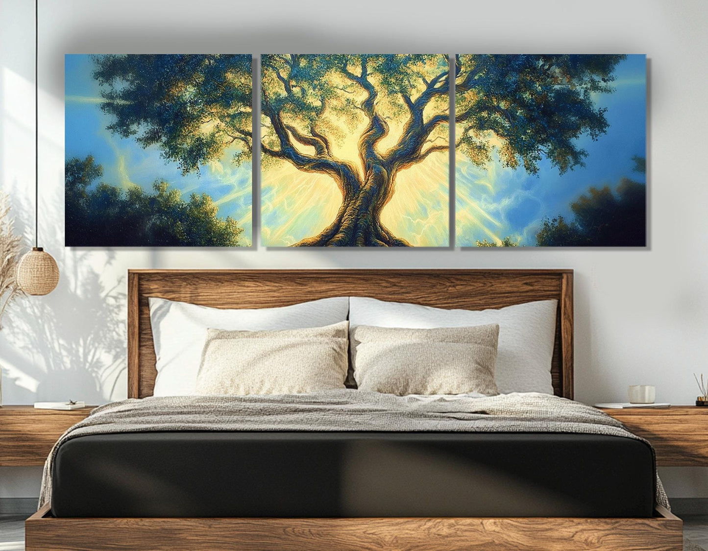 Abstract Glowing Tree Canvas Print, Fantasy Tree Painting, Meditation Wall Art, Large Tree in Sun Lights Poster, Framed and Ready to Hang