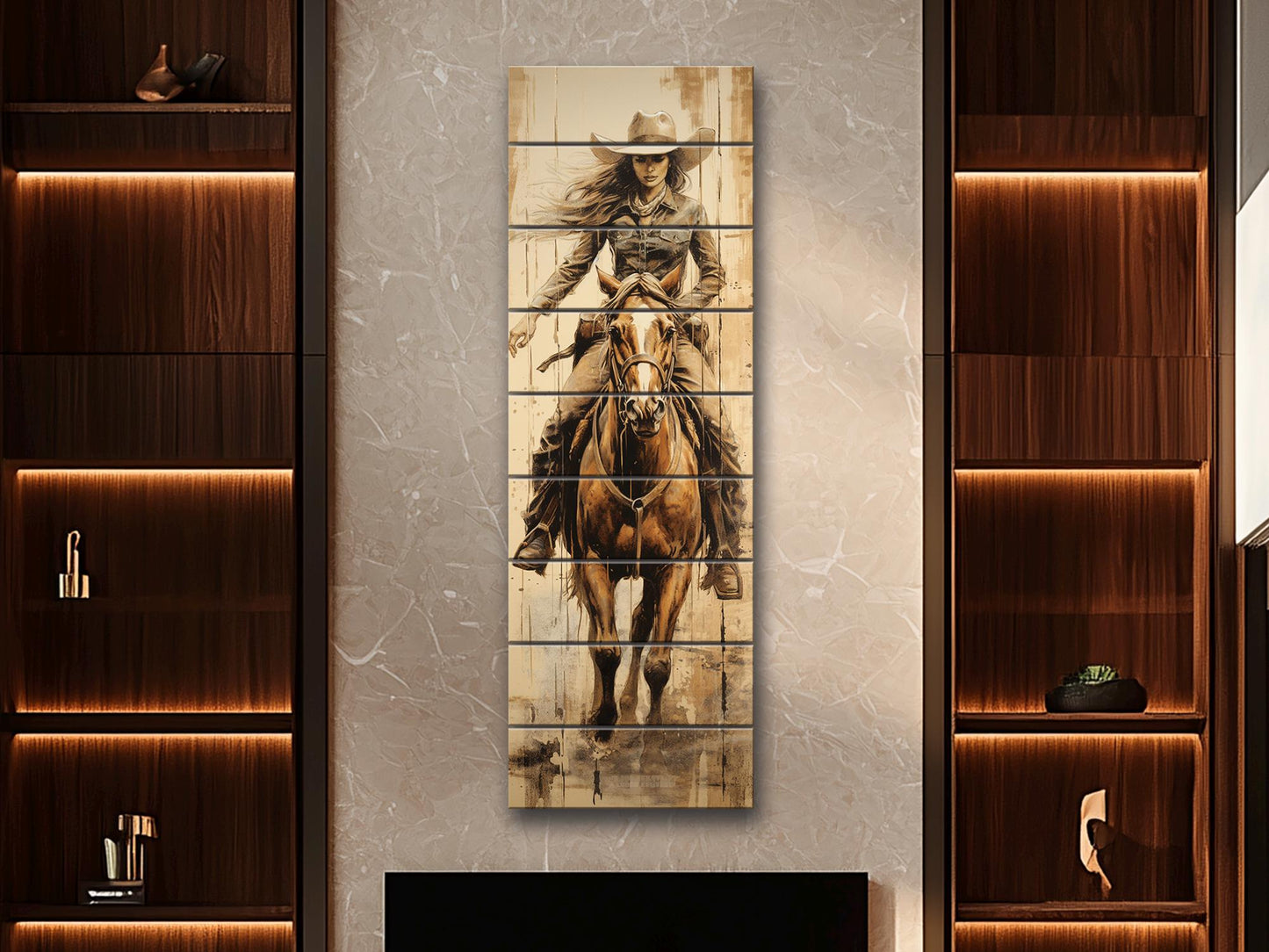 Rustic Cowgirl Art Print – Western Wall Decor | Natural Wood Wood Print Art