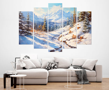 Winter Landscape Canvas Print, Forest and Mountains Painting, Winter Nature Wall Art, Framed and Ready to Hang