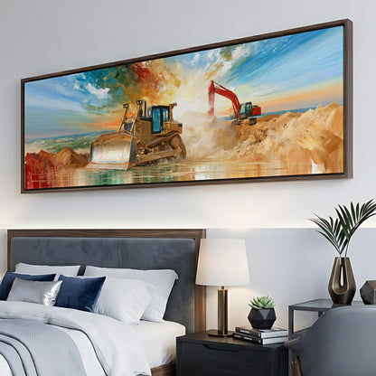 a large construction site with a bulldozer and excavator working on a pile of dirt.