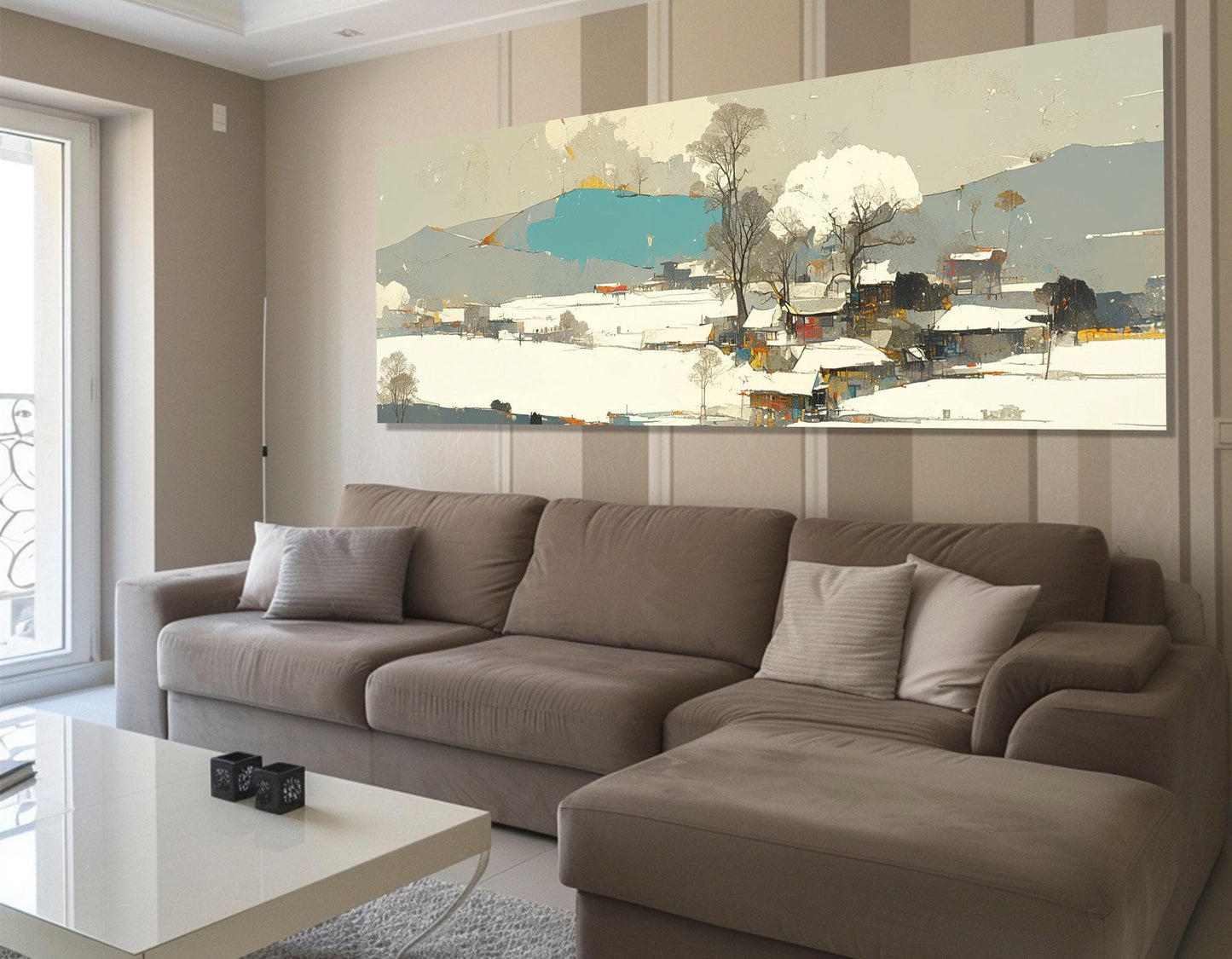 Modern Chinese Painting Canvas Print, Abstract Winter Landscape, Contemporary Chinese Wall Art, Asian Village, Framed and Ready to Hang