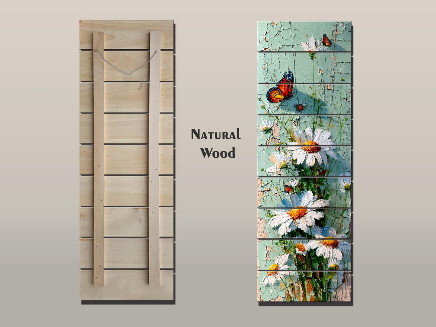 Butterfly and Daisies Wall Art – Rustic Floral Decor on Wooden Panels for Farmhouse Style