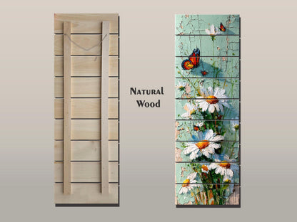 Butterfly and Daisies Wall Art – Rustic Floral Decor on Wooden Panels for Farmhouse Style