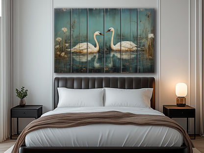 Rustic Swan Art Printed on Wood, Love Wall Art, Swans in Love Painting, Anniversary Gift, Romantic Gift, Bedroom Decor