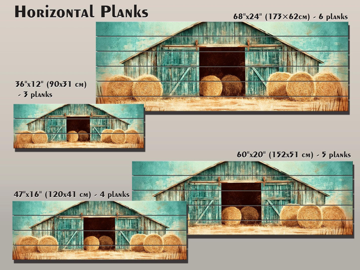 Rustic Barn Wall Art – Handcrafted Wood Plank Print with Hay Bales for Cozy Farmhouse Decor
