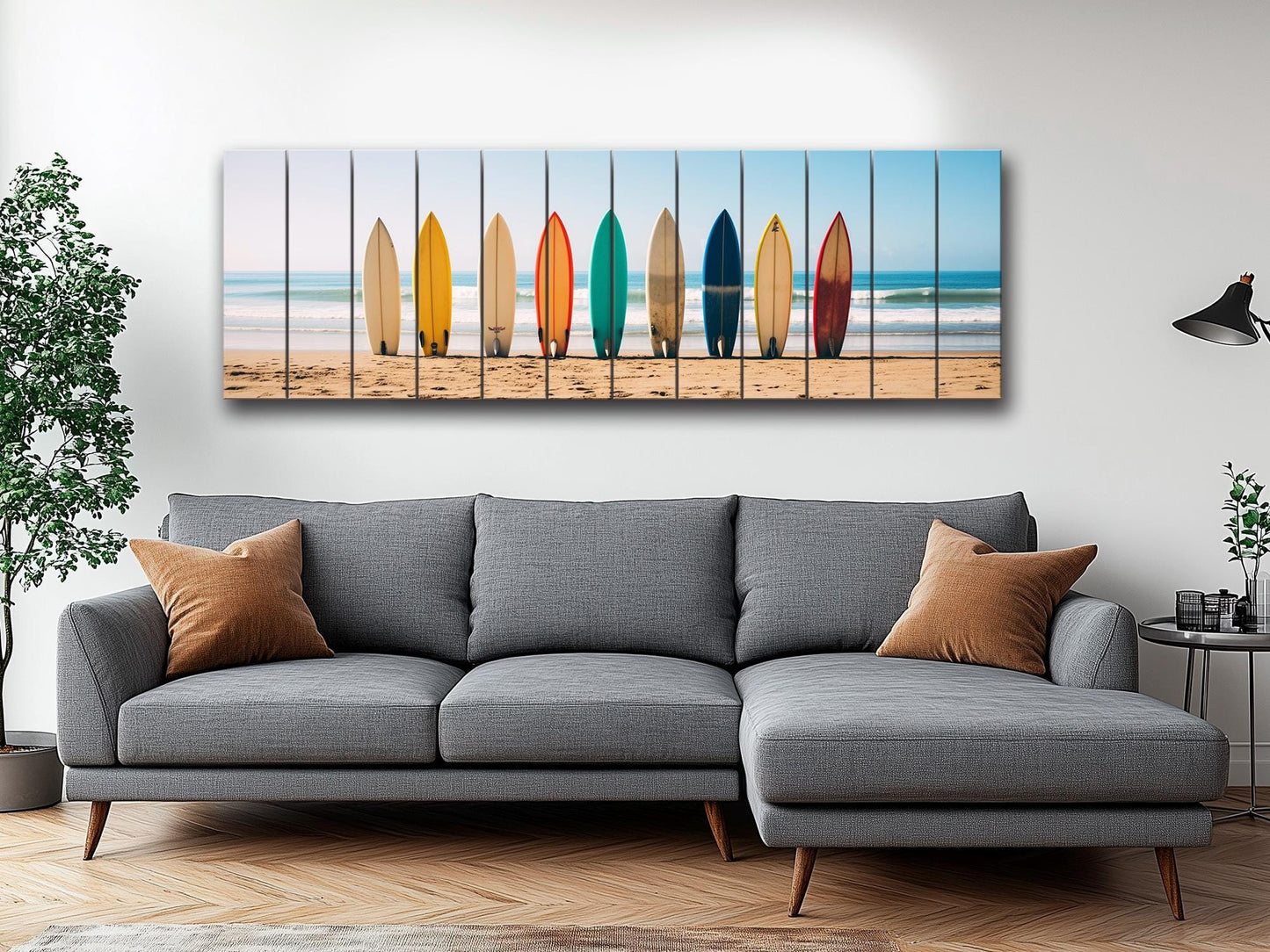 A Row Of Surfboards Print On Natural Wood