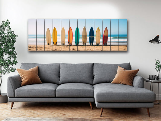 A Row Of Surfboards Print On Natural Wood