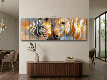 Golden Zebra Couple Print on Wood, Rustic Romantic Wall Decor