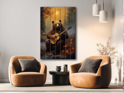 Bear Guitar Wall Art – Rustic Wood Print On Natural Wood Plank Art