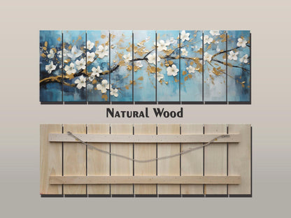 Abstract White Flowers Blossom Print On Natural Wood