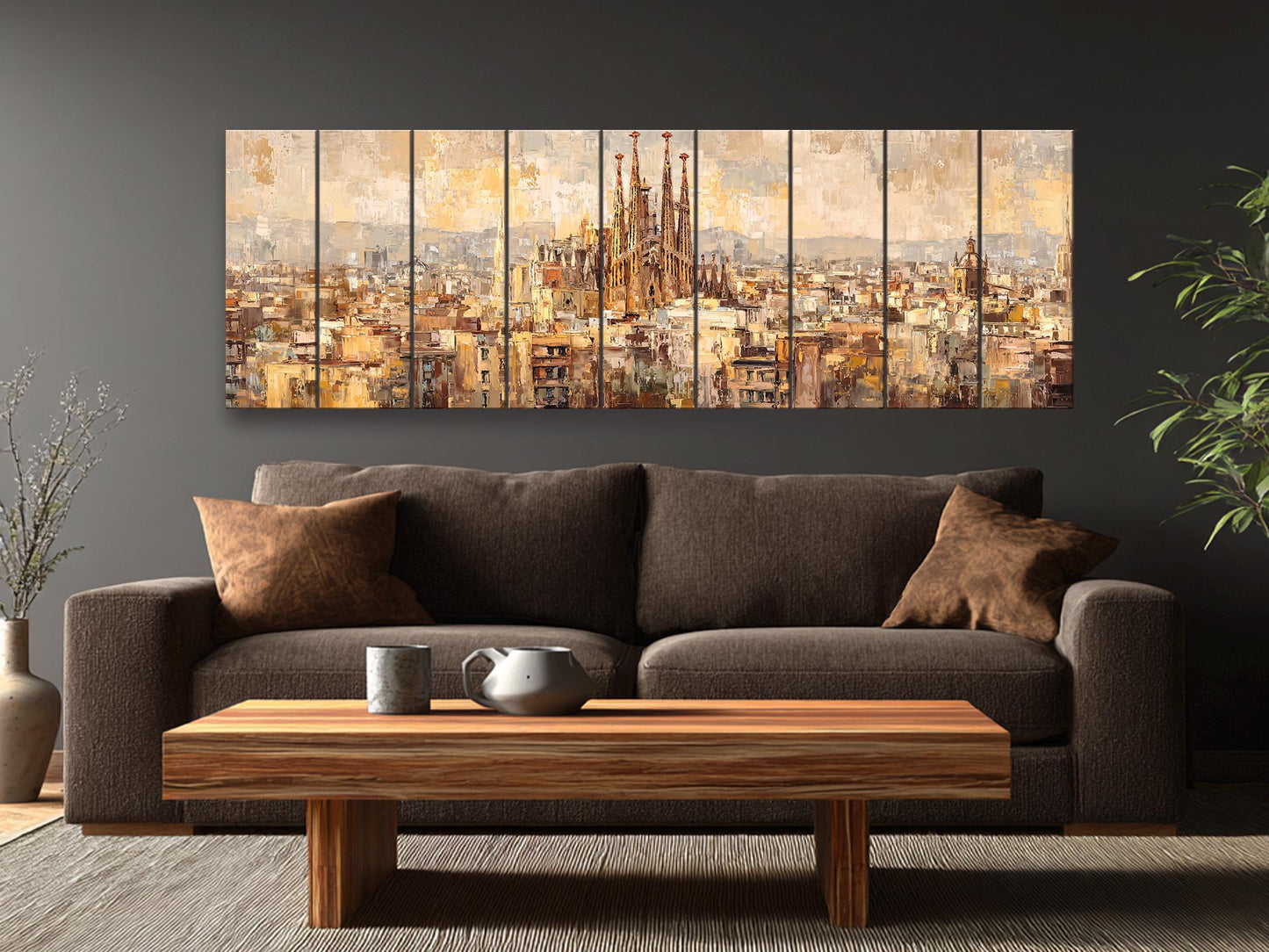 Barcelona Wall Art – Rustic Wood Print Featuring Sagrada Familia Beige & Gold Painting