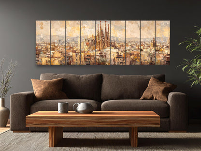 Barcelona Wall Art – Rustic Wood Print Featuring Sagrada Familia Beige & Gold Painting