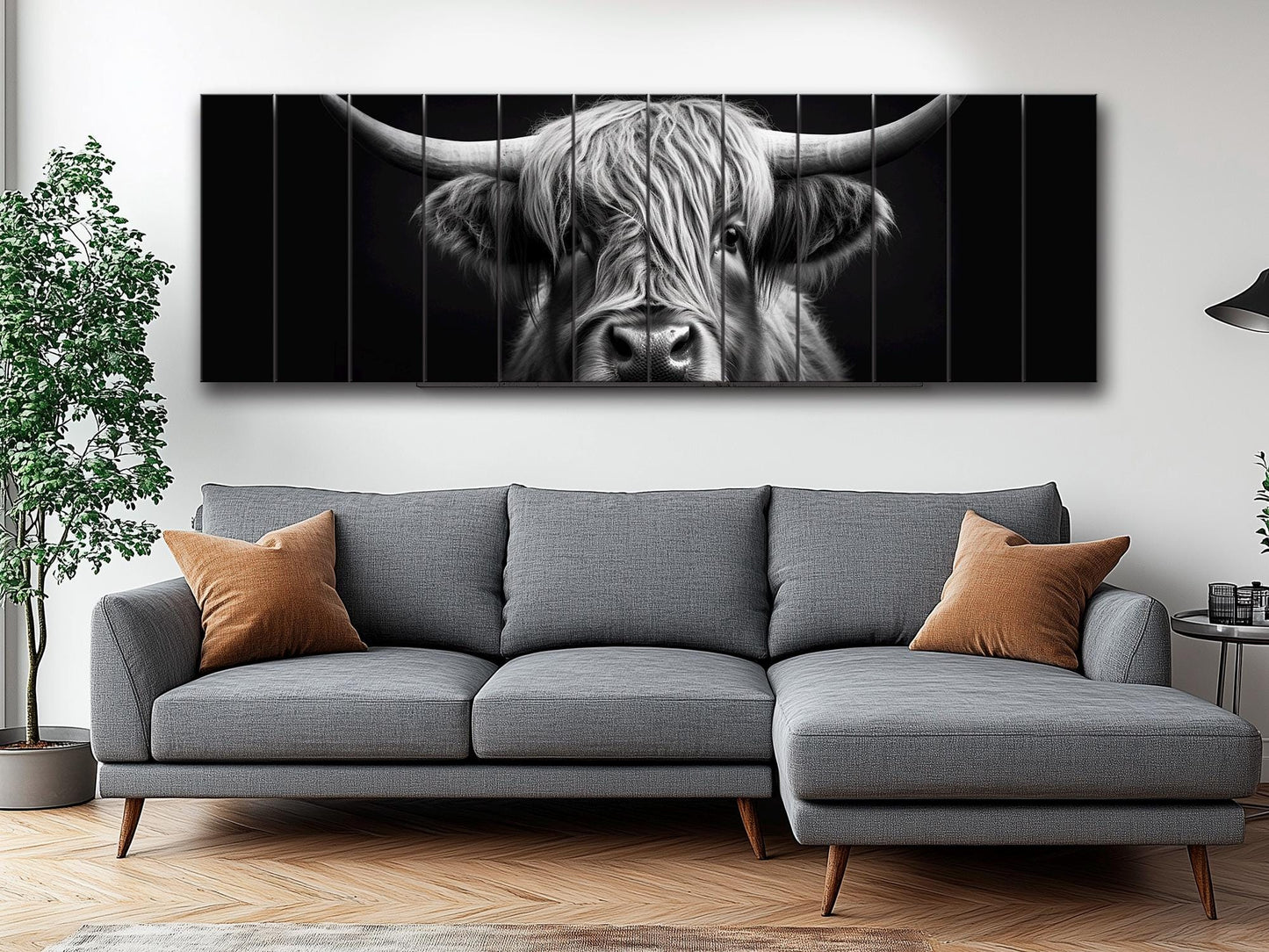 Highland Cow Wall Art – Rustic Farmhouse Wood Decor | Black And White Cow Print