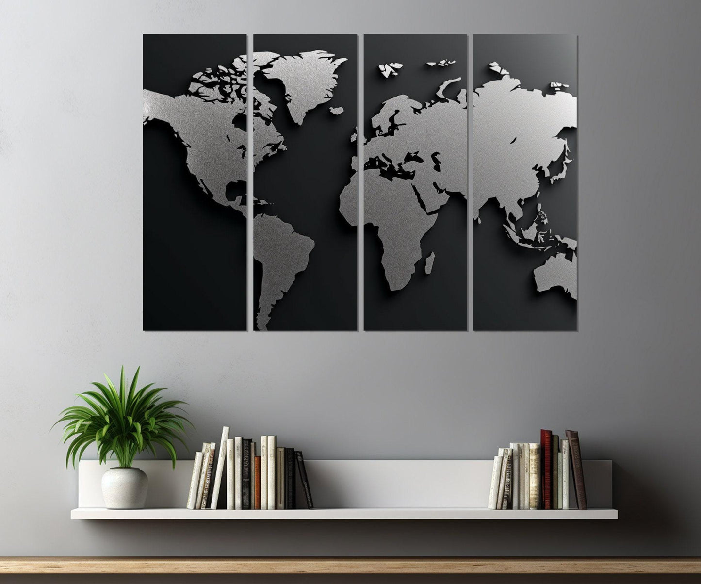 Monochrome World Map Canvas – Modern Office Decor | Framed & Ready to Hang