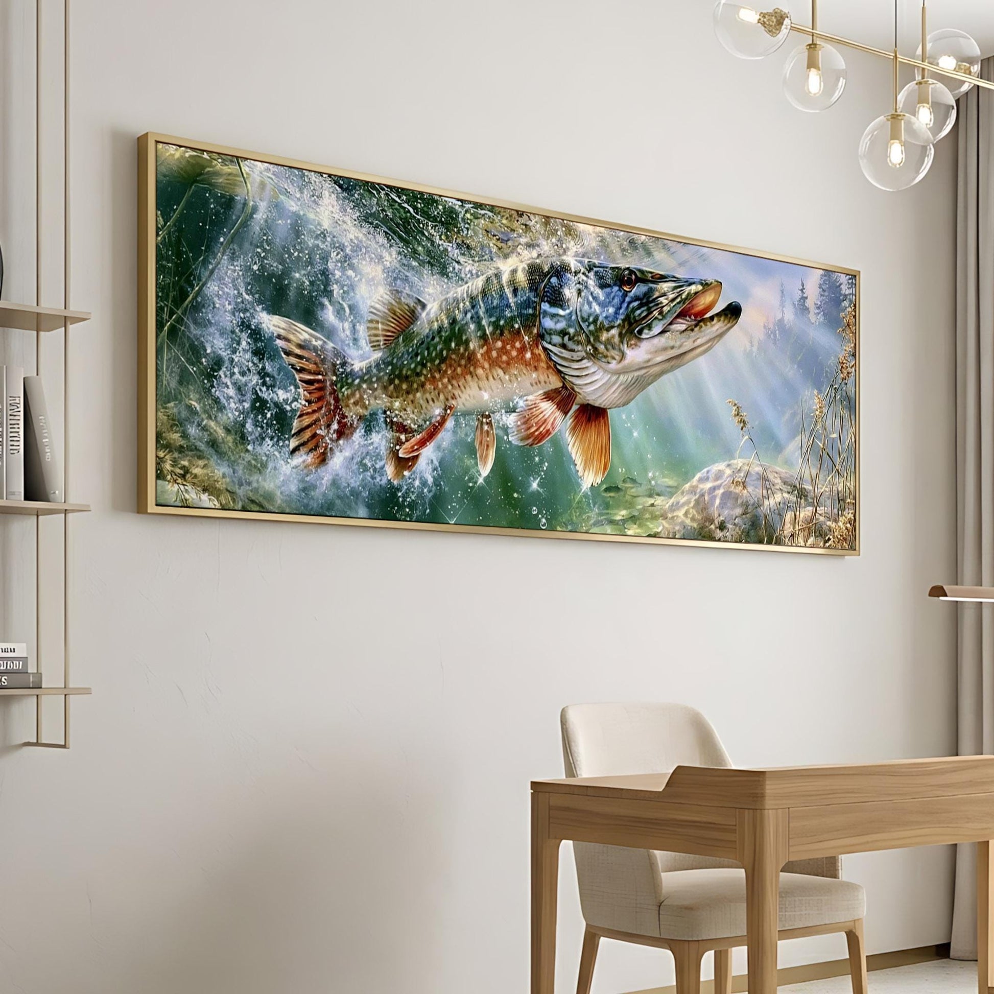 a large, framed painting of a fish swimming in a body of water, hanging on a wall in a room.