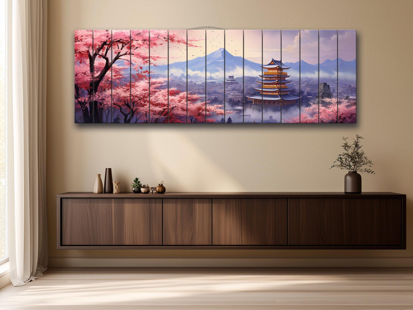 Sakura Blossom Wall Art – Japanese Wood Art Print on Natural Wood Planks