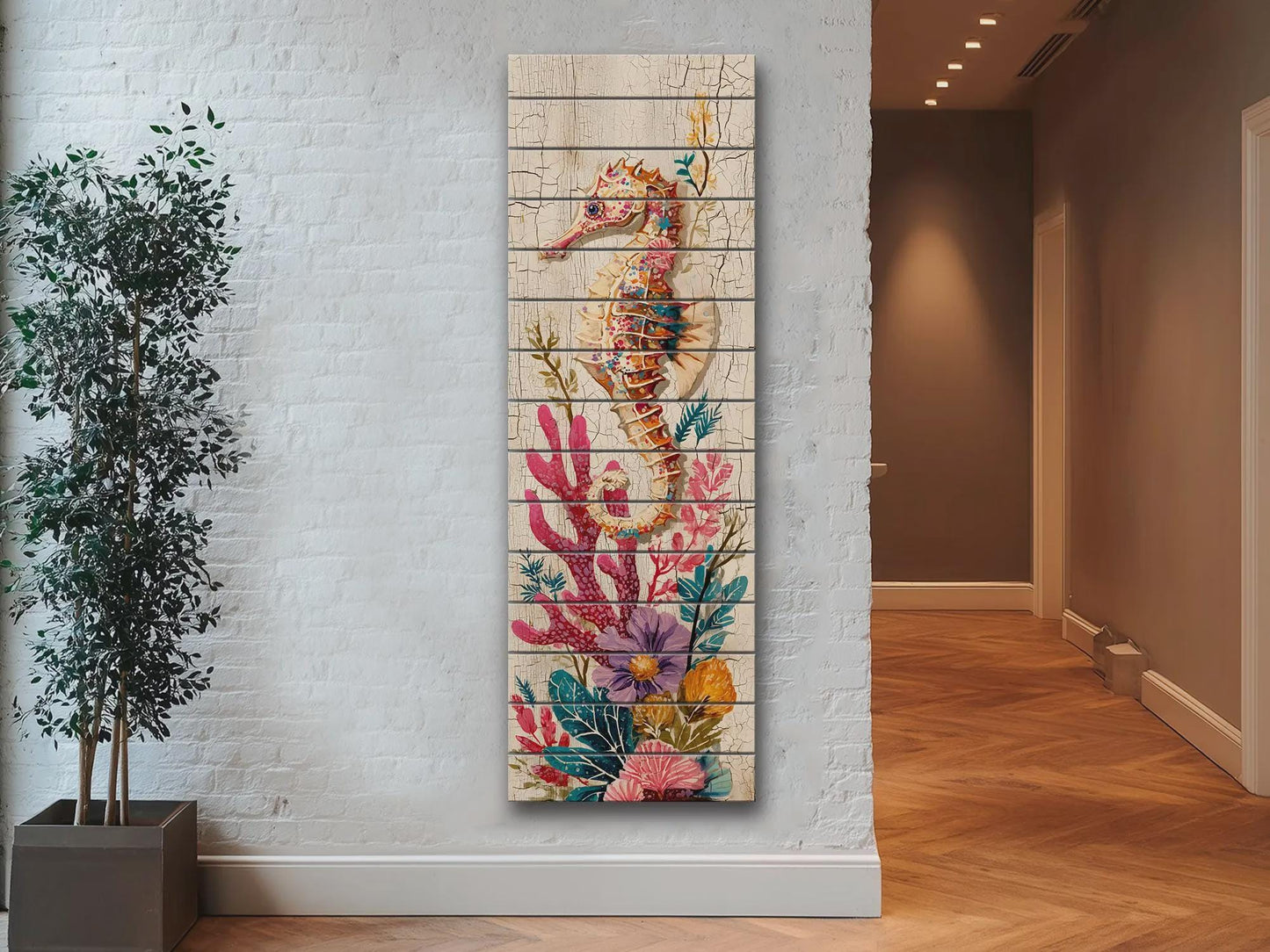 Rustic Nautical Wall Art – Seahorse Wood Print on Natural Wood Plank – Coastal Decor