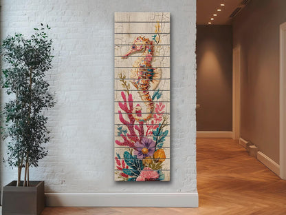 Rustic Nautical Wall Art – Seahorse Wood Print on Natural Wood Plank – Coastal Decor