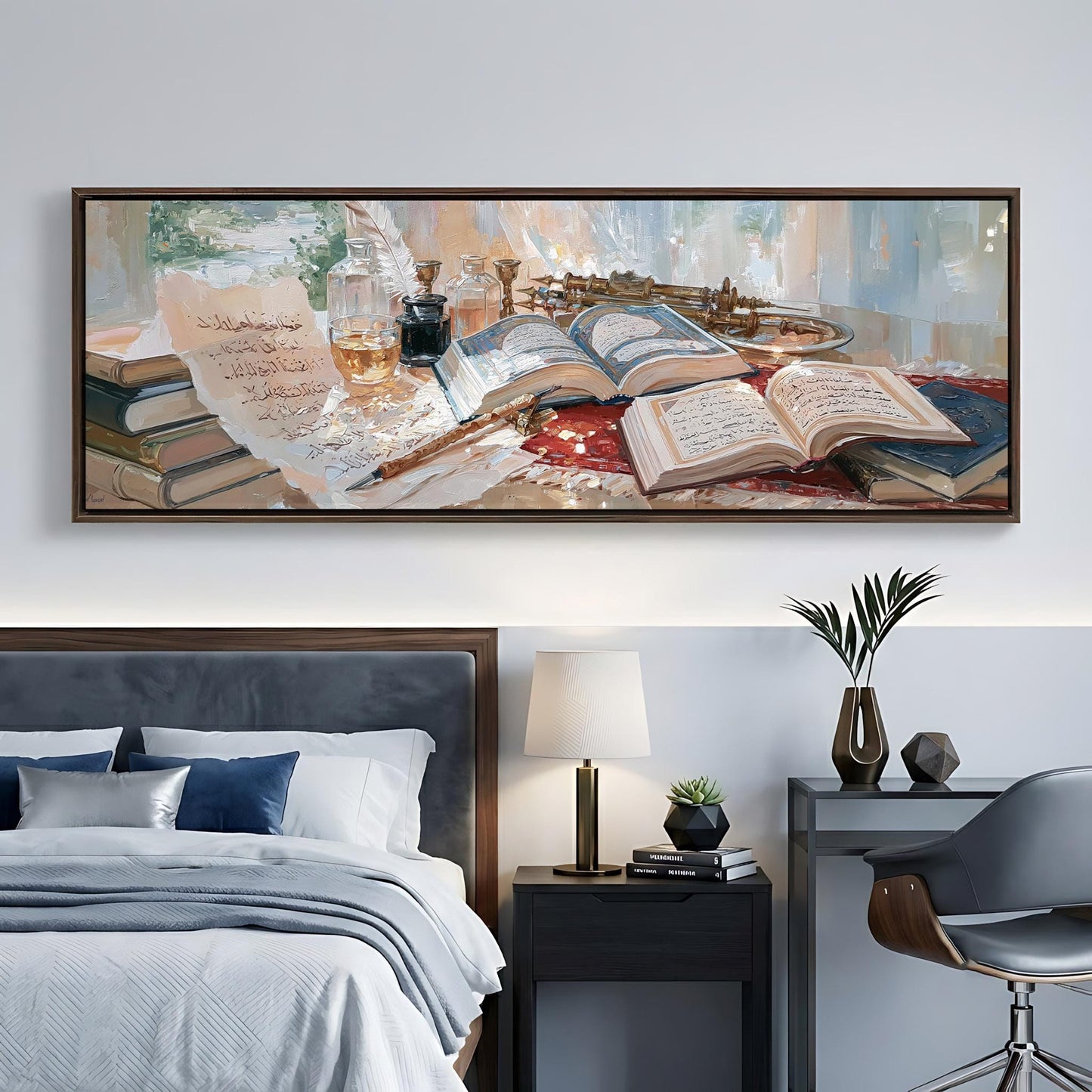 a bedroom with a large painting of a table and various objects, including books, a lamp, and a vase, hanging on the wall above a bed.