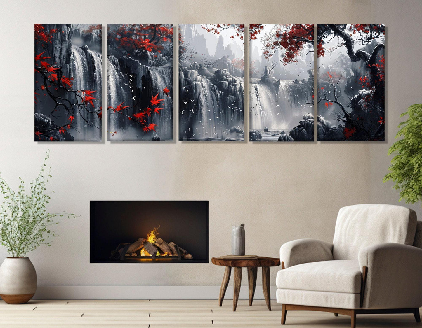 Waterfall Canvas Print – Large Scenic Wall Art With Red Trees, Framed & Ready to Hang